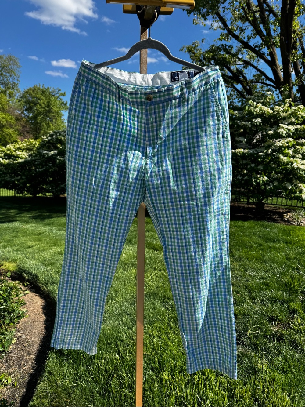 Vineyard Vines Pants Men's 34 32 sailing fun breaker Chino plaid blue green golf